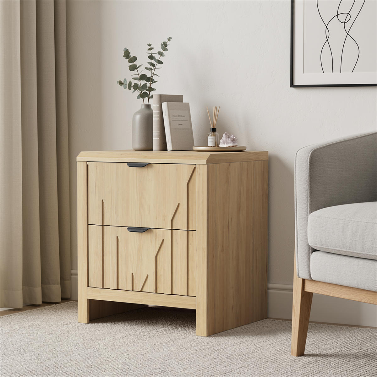 NACHTTISCH mit 2 Schubladen in Eichenoptik - Nachttisch im Mid-Century-Modern-Stil mit Metallgriffen - Eichefarben, Holzwerkstoff (48/55.5/40cm) - DELFA