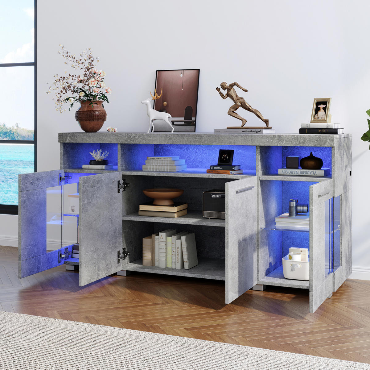 SIDEBOARD 140/40/70 cm in Zementgrau mit LED-Beleuchtung und Glastüren - Grau, Holzwerkstoff (140/70/40cm) - Flora Grace