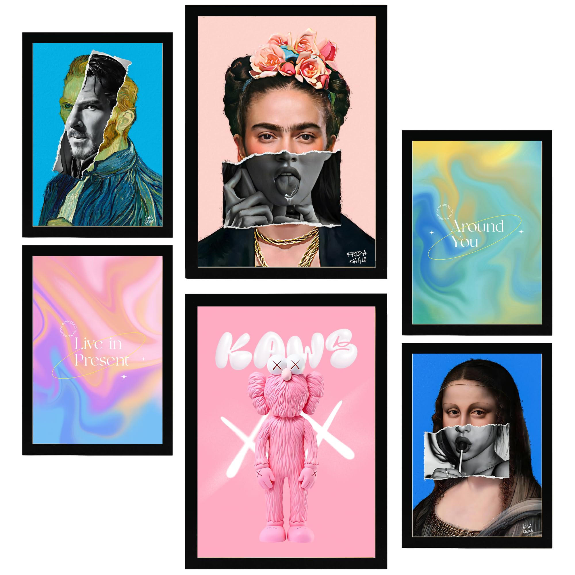 POSTER Set Mit 6 Ikonische Frida Van Gogh Pop Art A3 & A4 Schwarzer Rahmen - Schwarz, Papier (29/3cm) - Nacnic