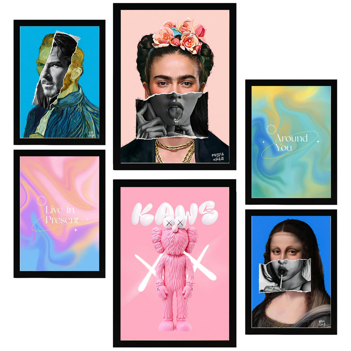 POSTER Set Mit 6 Ikonische Frida Van Gogh Pop Art A3 & A4 Schwarzer Rahmen - Schwarz, Papier (29/3cm) - Nacnic