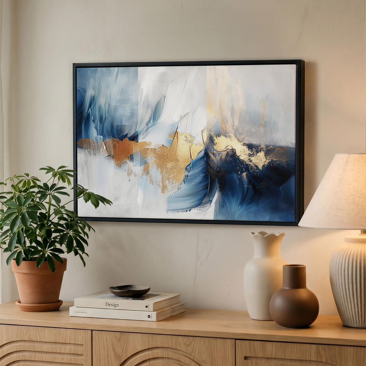 LEINWAND Bilder mit Rahmen - Gold - Blau - Aquarell - Kunst - Modern - 60x40 - Hellblau, Textil (60/40cm) - MuchoWow