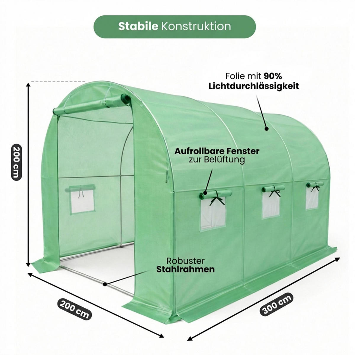 TUNNELGEWÄCHSHAUS, Grün, 200x300x200 cm - Grün, Metall (200/200/300cm) - Akord