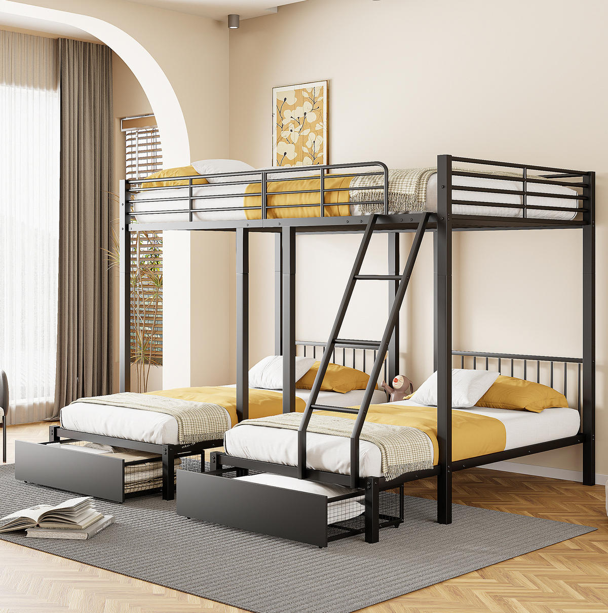 ETAGENBETT Kinderbette 140/200 und 2 x 90/200 cm aus Metall mit 2 Schubladen Schwarz - Schwarz, Metall (140/200cm) - Modenvie