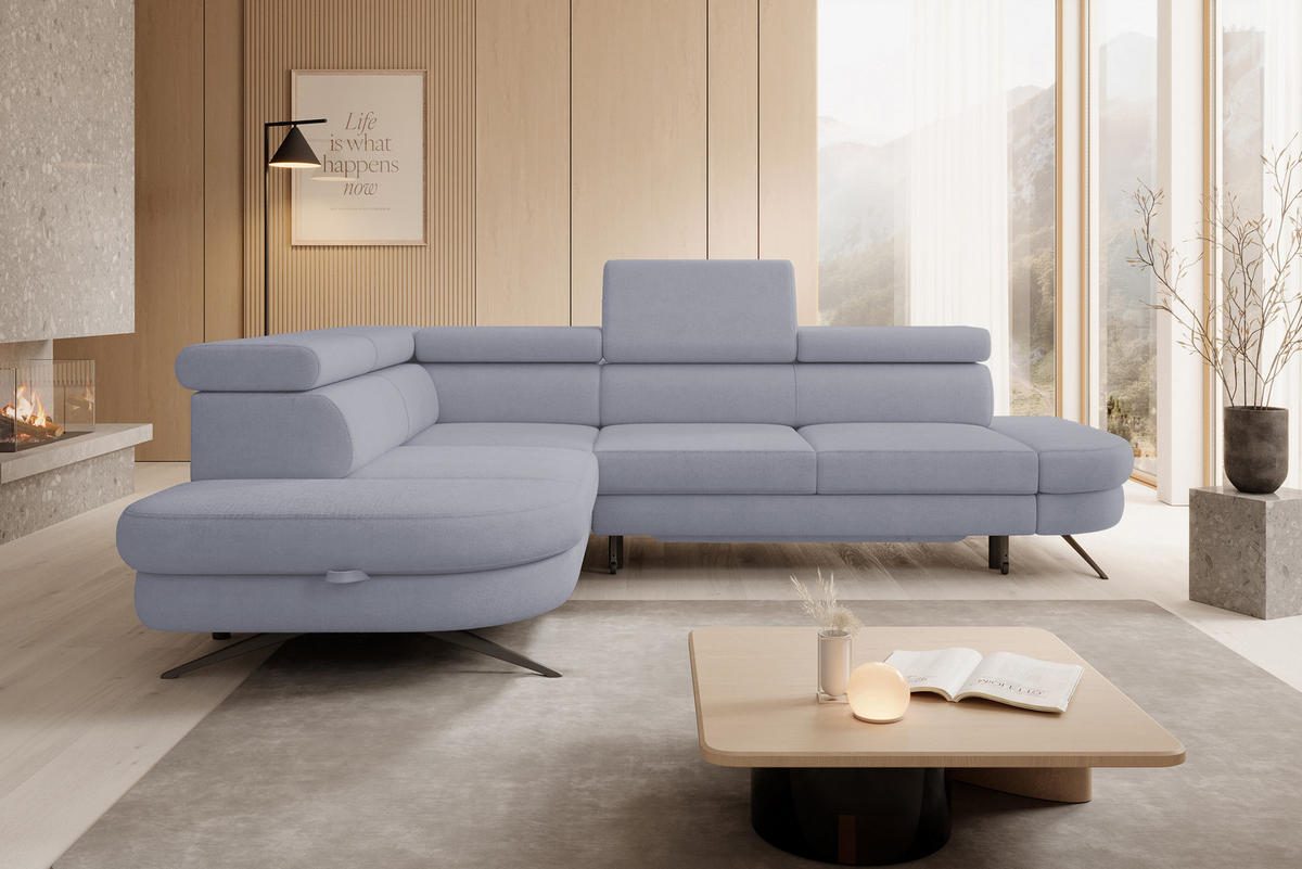 ECKSOFA OTIS L-förm, Schlaffunktion, verstellbare Kopfstützen, in AURORA-Stoff, lose Rückenkissen, freistehend, LINKS 218x276x97 cm Light Grey - Hellgrau, Holz/Textil (218/276cm) - DomoHome