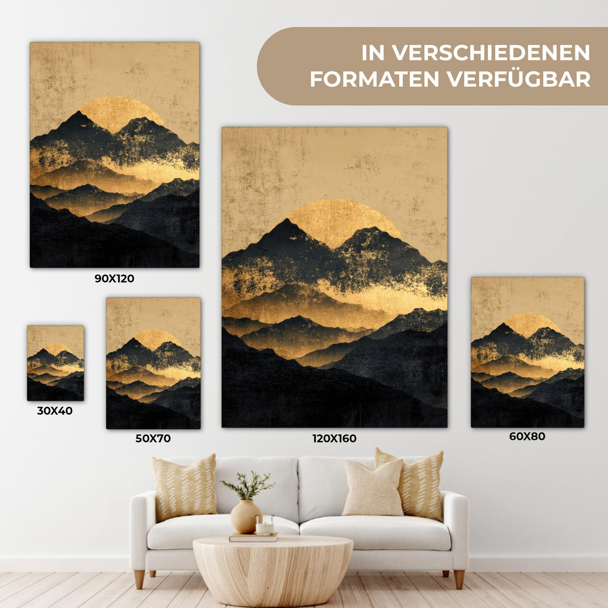 LEINWANDBILD Goldene Berge bei Mondschein Wandbild Wohnzimmer 60x80 cm - Goldfarben, Textil (60/80cm) - MuchoWow