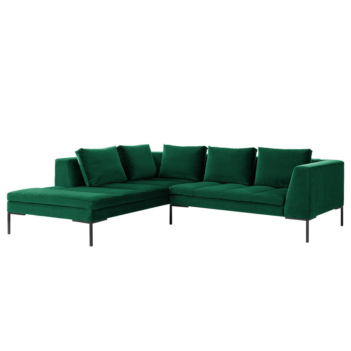 ECKSOFA mit Ottomane - Dunkelgrün/Schwarz, Textil/Metall (255/230cm) - home24