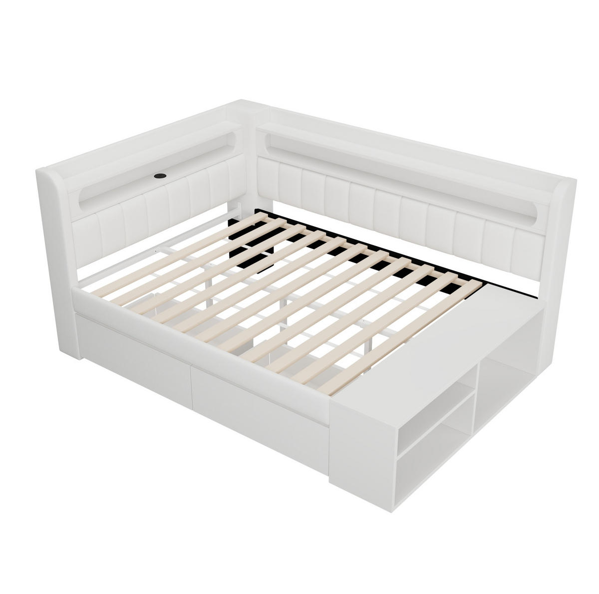ČALOUNĚNÁ postel 90/200 cm bílá z MDF a překližky s LED osvětlením, USB a botníkem - bílá, kompozitní dřevo (90/200cm) - OKWISH