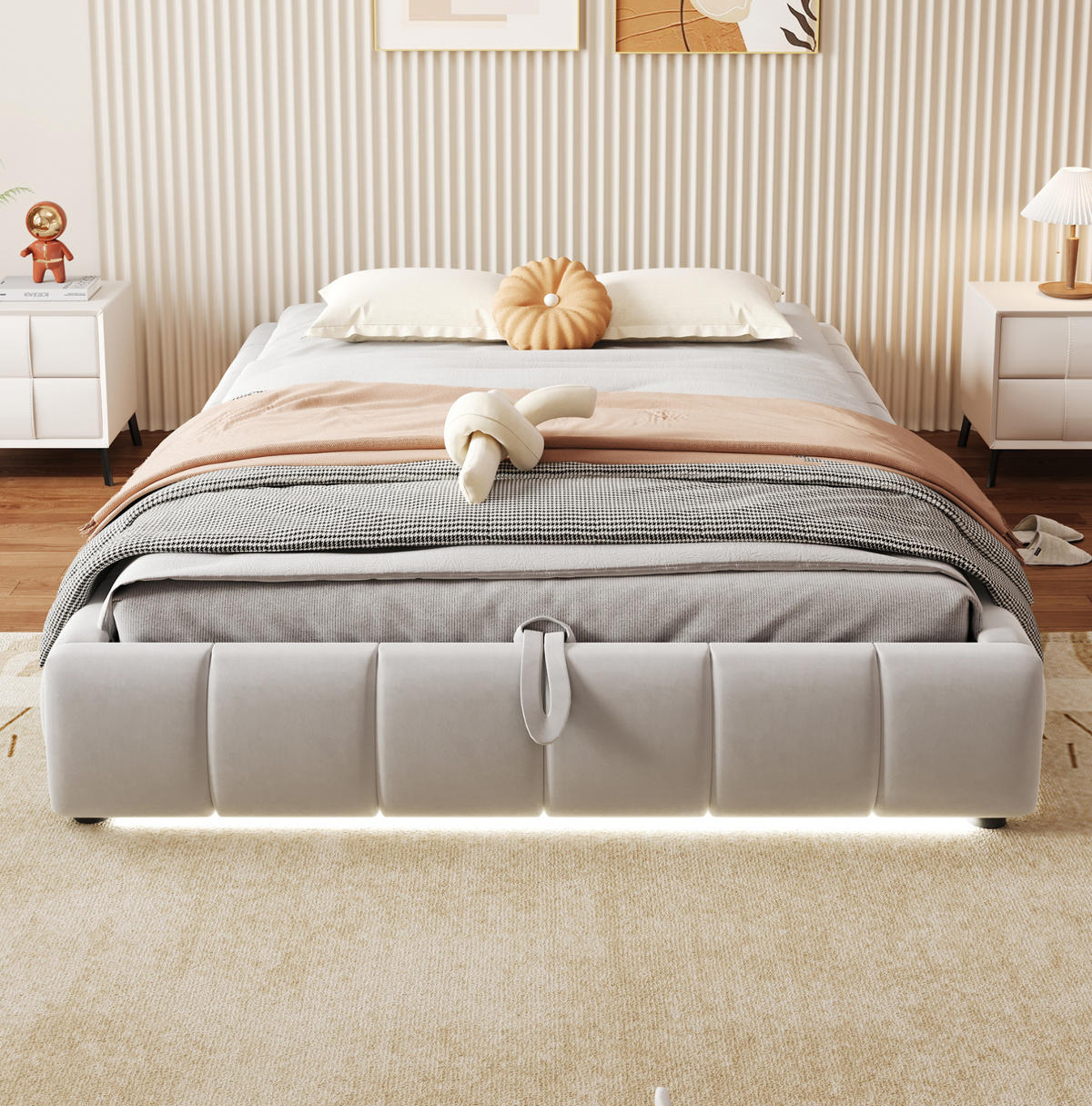 POLSTERBETT 140/200 cm Beige ohne Kopfteil mit LED-Lichtleiste und hydraulischem Stauraum - Beige, Textil (140/200cm) - OKWISH