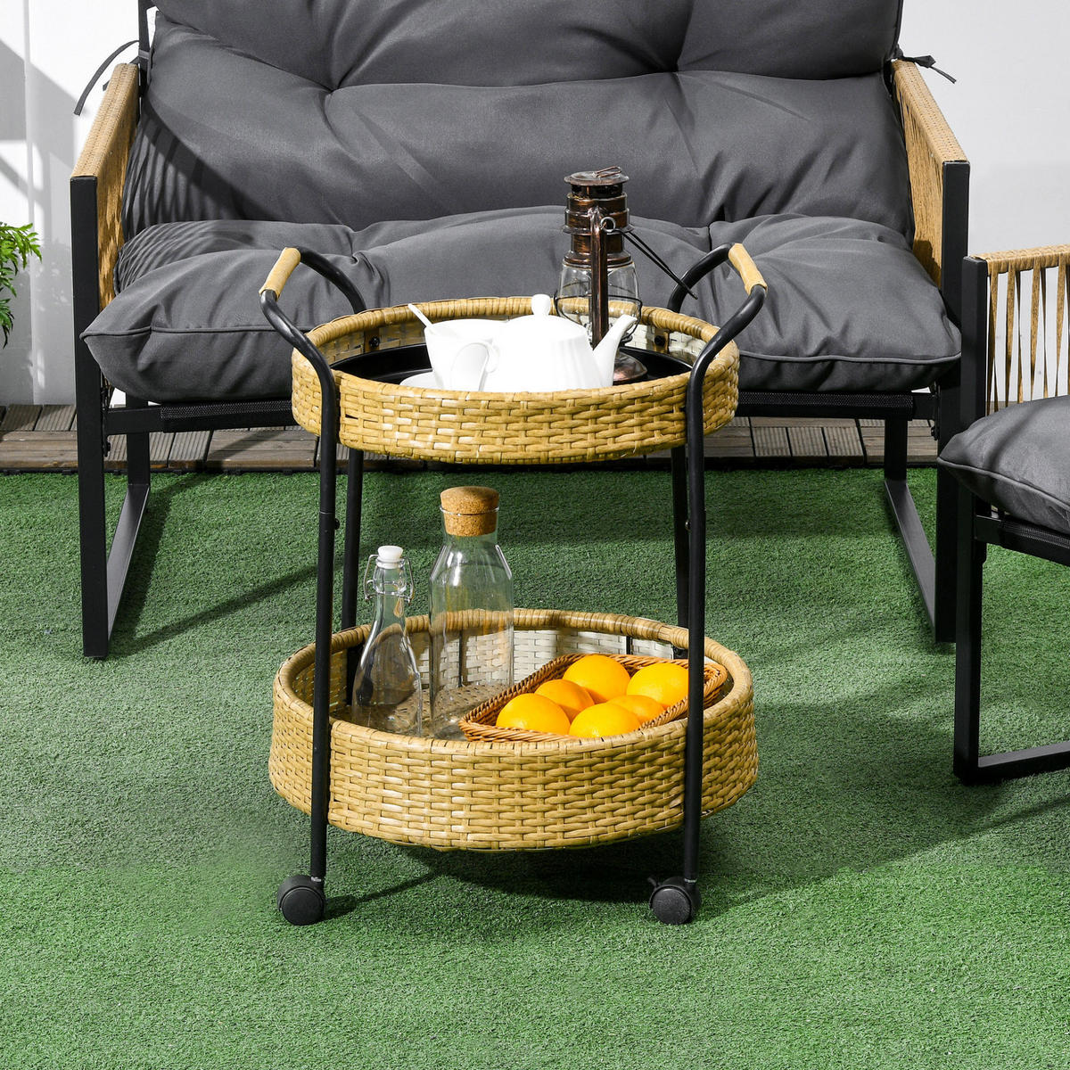 SERVIERWAGEN 50/50/66 cm mit 2 Ablagen, Rollen und Bremsen, Polyrattan, Gelb - Gelb, Naturmaterialen (50/66/50cm) - Redom