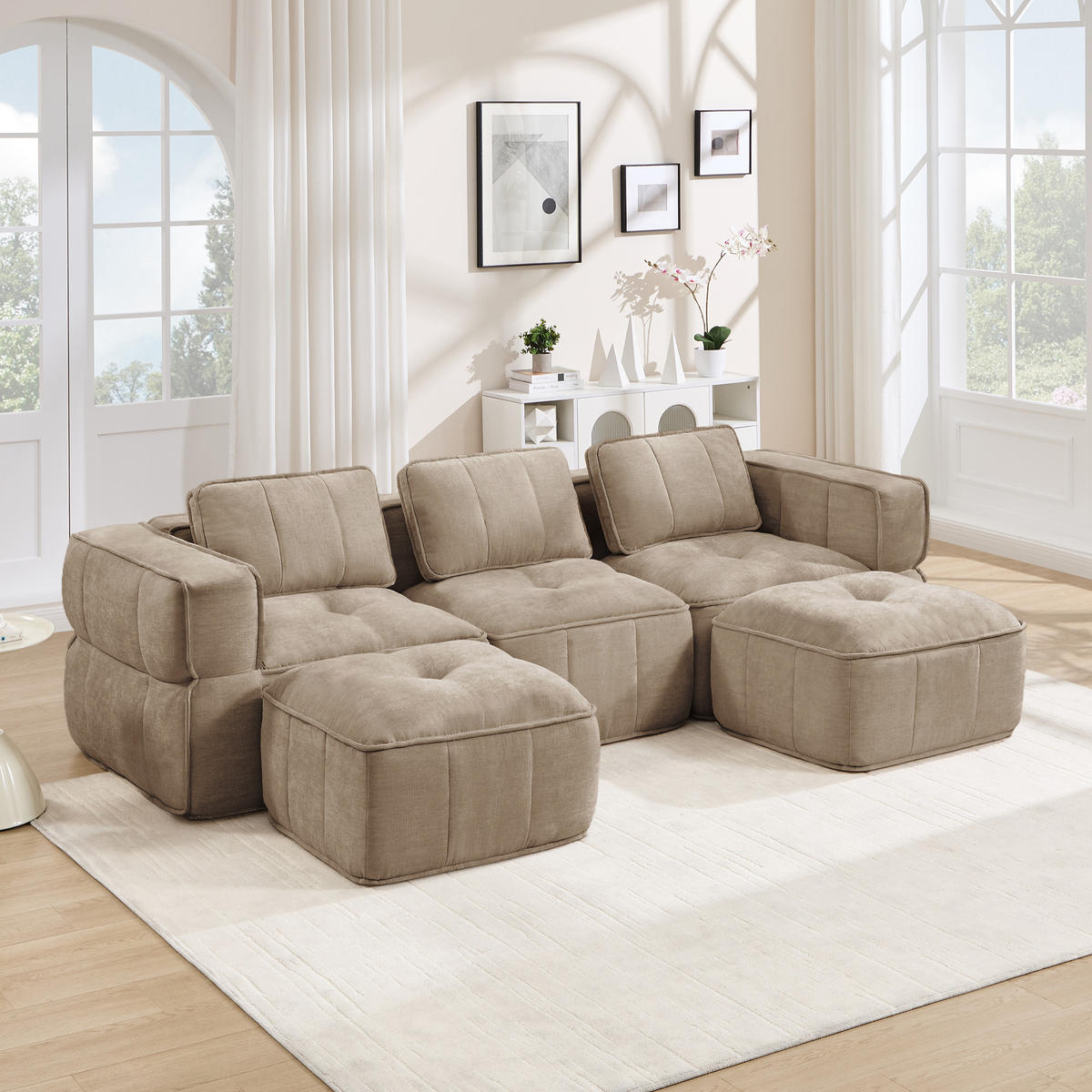 CANAPEA 3 LOCURI cu 2 taburete, minimalist, Poliester-nisipiu - nisipiu, material textil (162/67/271cm) - KOMHTOM