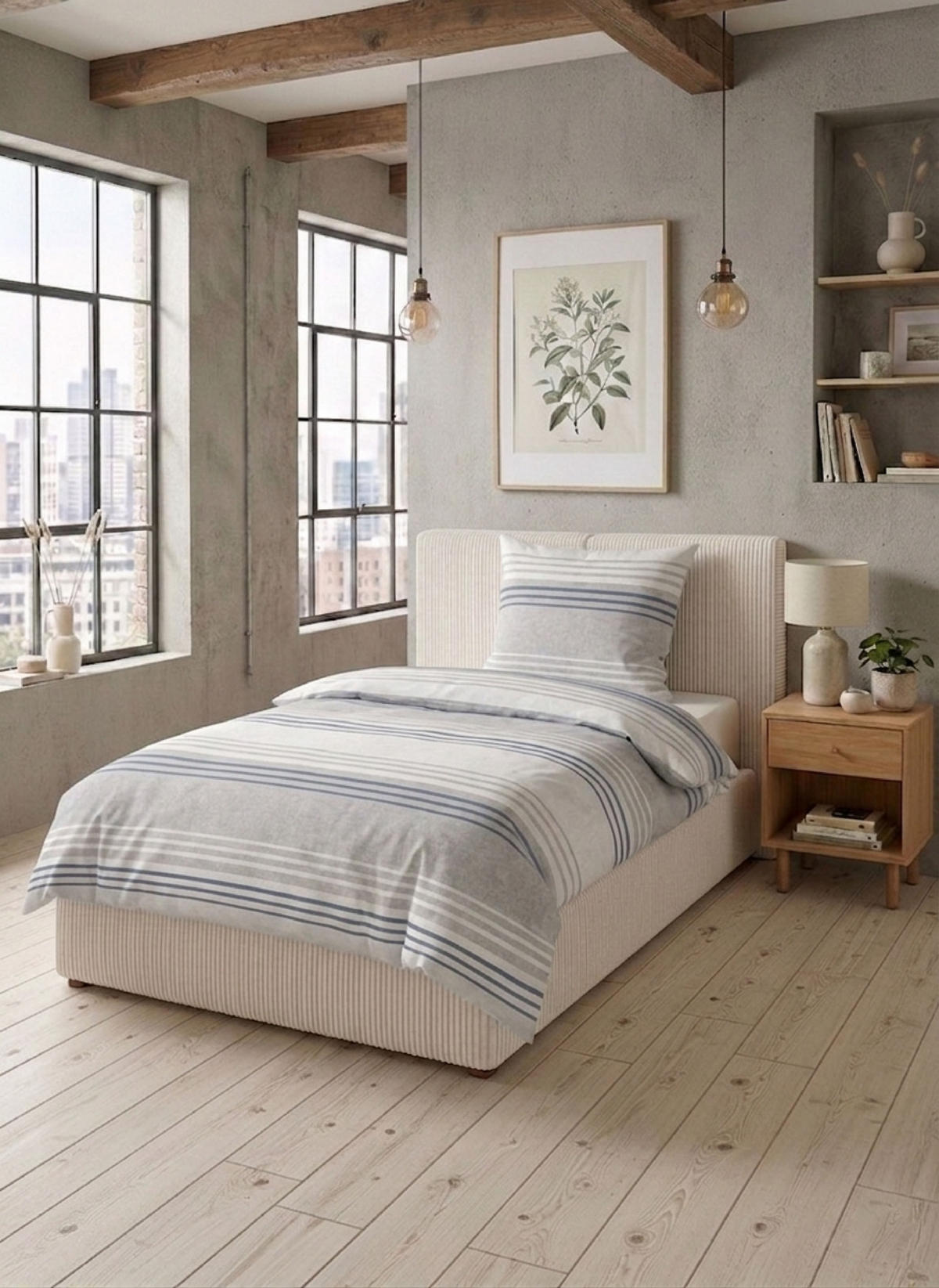 BETTWÄSCHE-GARNITUR Premium Melange Querstreifen blau, 155x200 cm + 80x80 cm - Blau, Textil (155/200cm) - biberna