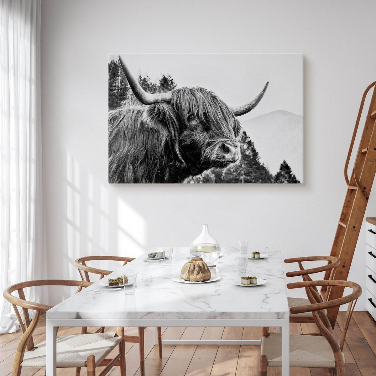 LEINWANDBILD für Wohnzimmer Schottische Kuh Bergen Natur 3D 90x60 - Schwarz/Weiß, Textil (90/60cm) - Muralo
