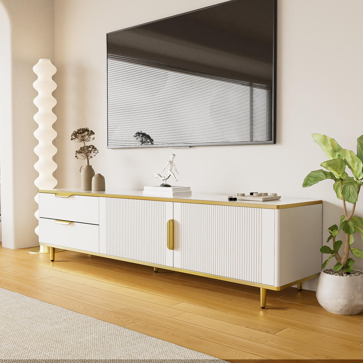TV-SCHRANK Lowboard Weiß geschnitzte Textur Marmoroptik goldene Griffe - Weiß, Holz (41/18/107cm) - FLIEKS