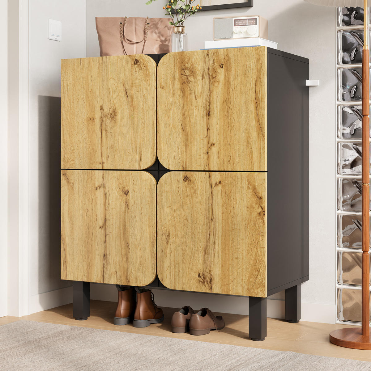SCHUHSCHRANK 80/38,5/95 cm mit 4 Türen, verstellbaren Einlegeböden und Soft-Close, Schwarz/Natur - Schwarz, Holzwerkstoff (80/95/38.5cm) - Redom