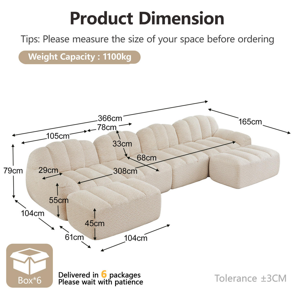 ECKSOFA 366/165/79 cm Beige/Weiß aus granuliertem Fleece mit Ottomanen - Creme, Textil (165/366cm) - OKWISH