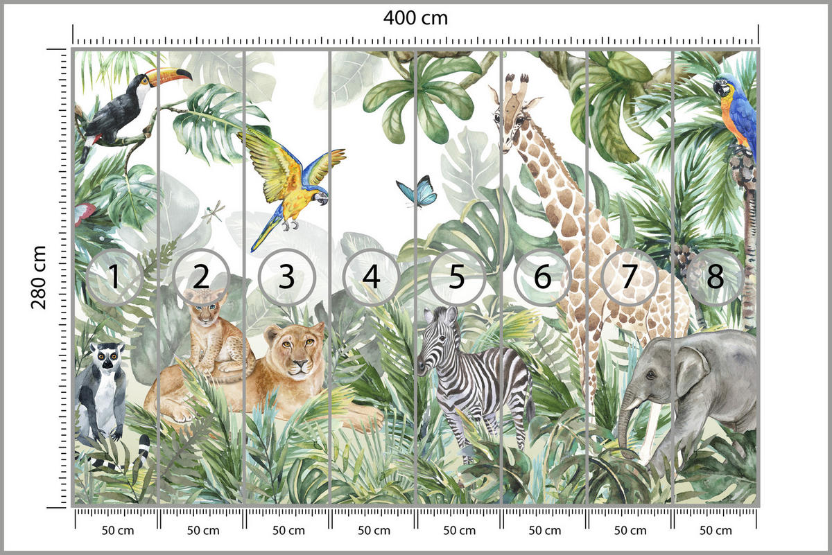 FOTOTAPETE für Kinderzimmer Tropen Dschungel Tiere Palmen Monstera 400x280 - Beige/Orange, Papier (400/280cm) - Muralo