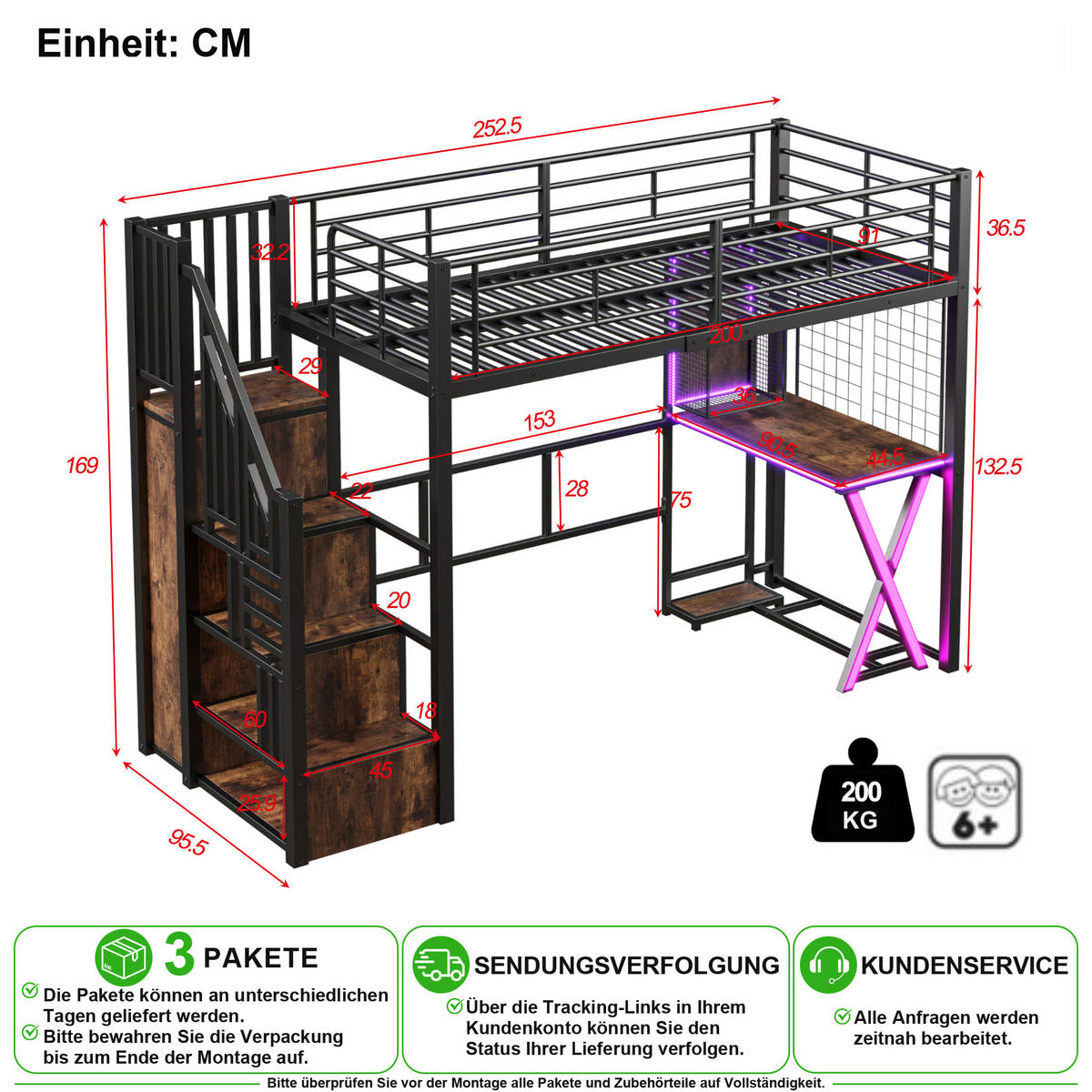 HOCHBETT 90/200 cm in Schwarz mit LED, Schreibtisch und Kleiderschrank - Schwarz, Holzwerkstoff/Metall (90/200cm) - CHICFURN