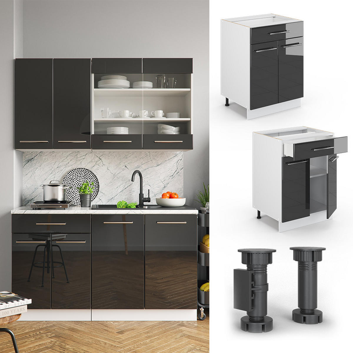 KÜCHENUNTERSCHRANK Fame-Line Anthrazit Hochglanz 60 cm mit Schublade ohne AP - Schwarz Hochglanz/Anthrazit, Holzwerkstoff (60/82/51.6cm) - Vicco