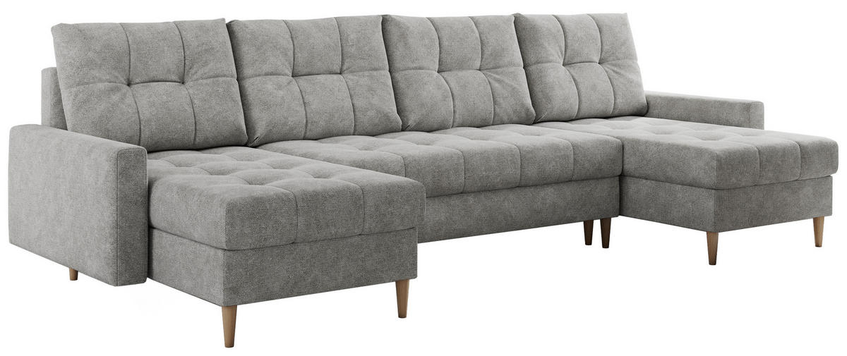 WOHNLANDSCHAFT Colin U Struktur Hellgrau - Hellgrau/Braun, Holz/Textil (290/75/140cm) - MKS