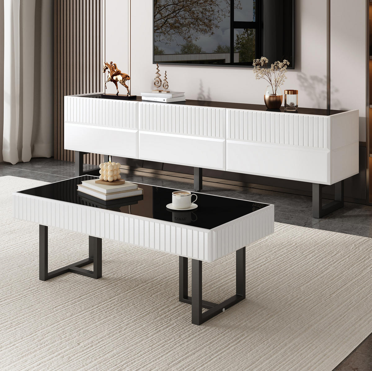 COUCHTISCH 110/50,5/41 cm mit hochglänzender Tischplatte und Eisengestell, Schwarz/Weiß - Schwarz, Holzwerkstoff (110/50.5/41cm) - Redom