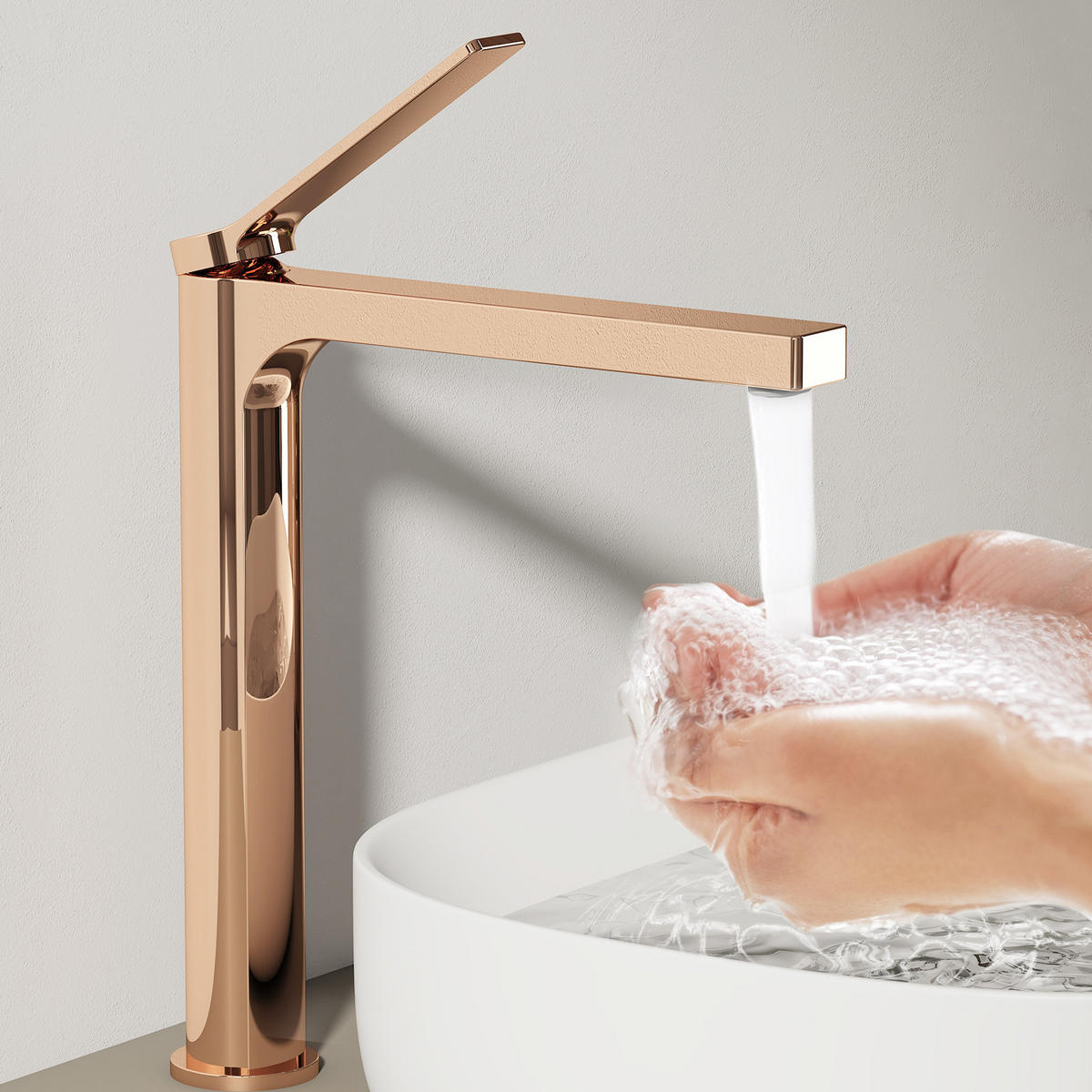 WASCHTISCHARMATUR mit Zertifiziertem Filterelement Rosengold Hoher Stil - Roségold, Metall (23.3/4.6/33.5cm) - EMKE