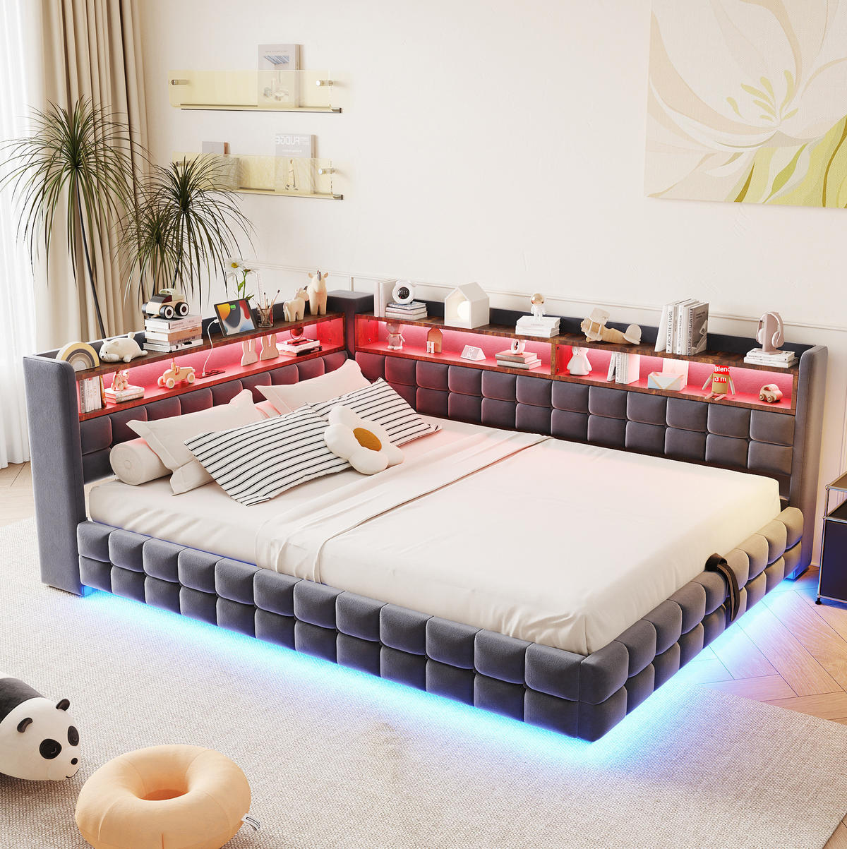 SCHLAFSOFA aus Samt 140x200 cm Grau mit Bettkasten, LED-Beleuchtung und Ladeanschlüssen - Grau, Textil (140/200cm) - IVMEU