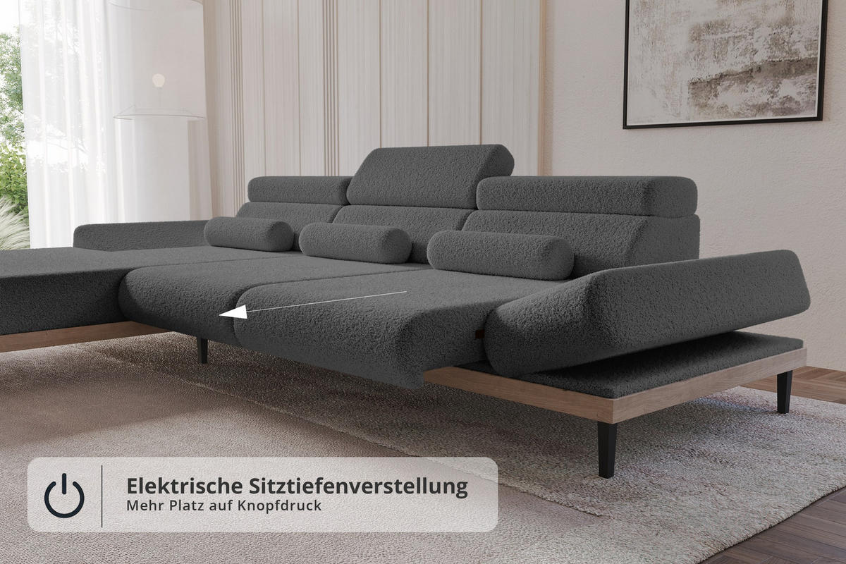 ELEKTRISCHES ECKSOFA Links MONA 316x205x85 Grau Bouclé - Silberfarben/Grau, Holzwerkstoff/Textil (316/205cm) - ALTDECOR