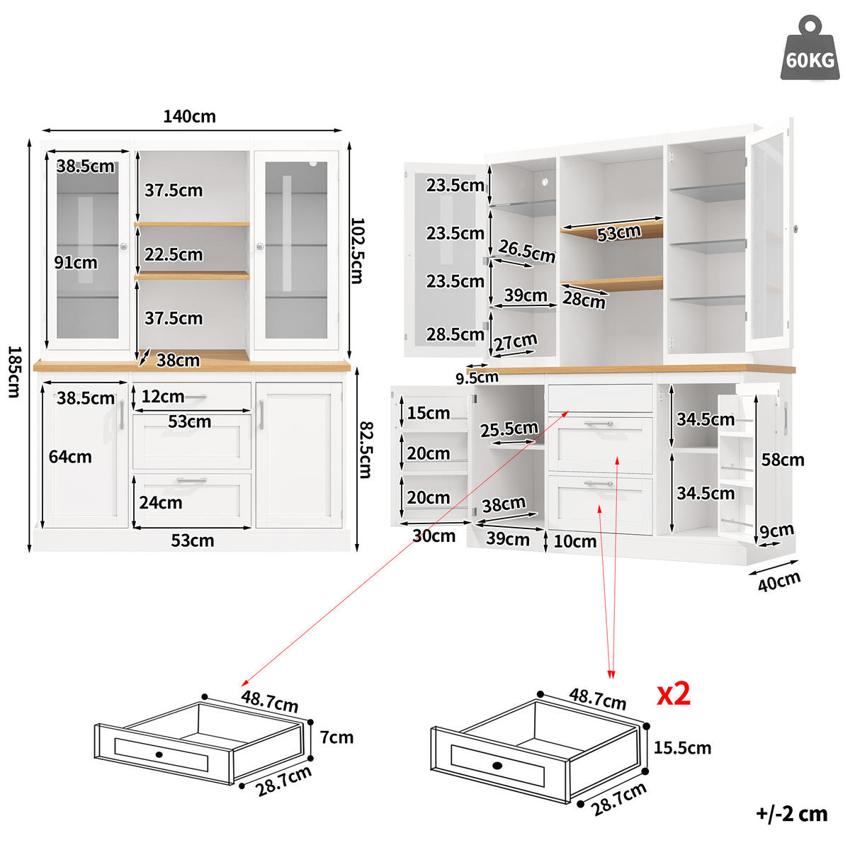 KÜCHENSCHRANK LED App 185x140x40Cm Arbeitsplatte - Weiß, Holzwerkstoff (140/185/40cm) - FLIEKS