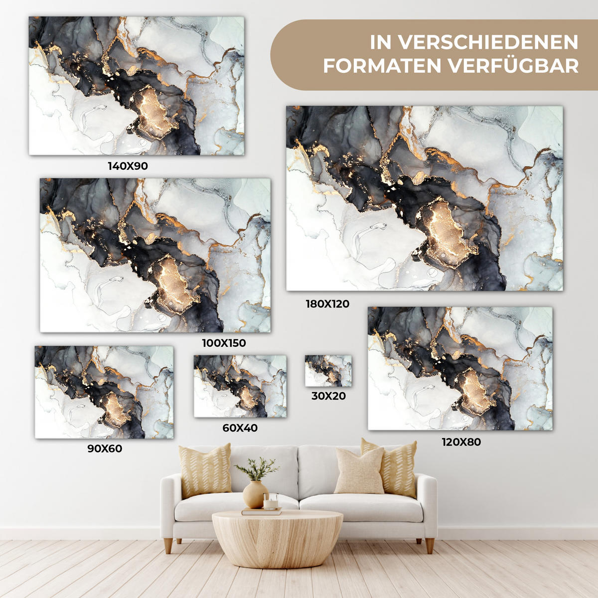 LEINWANDBILD Marmor - Schwarz - Weiß - Gold - Luxus - Abstrakt XXL 150x100 cm - Goldfarben, Textil (150/100cm) - MuchoWow