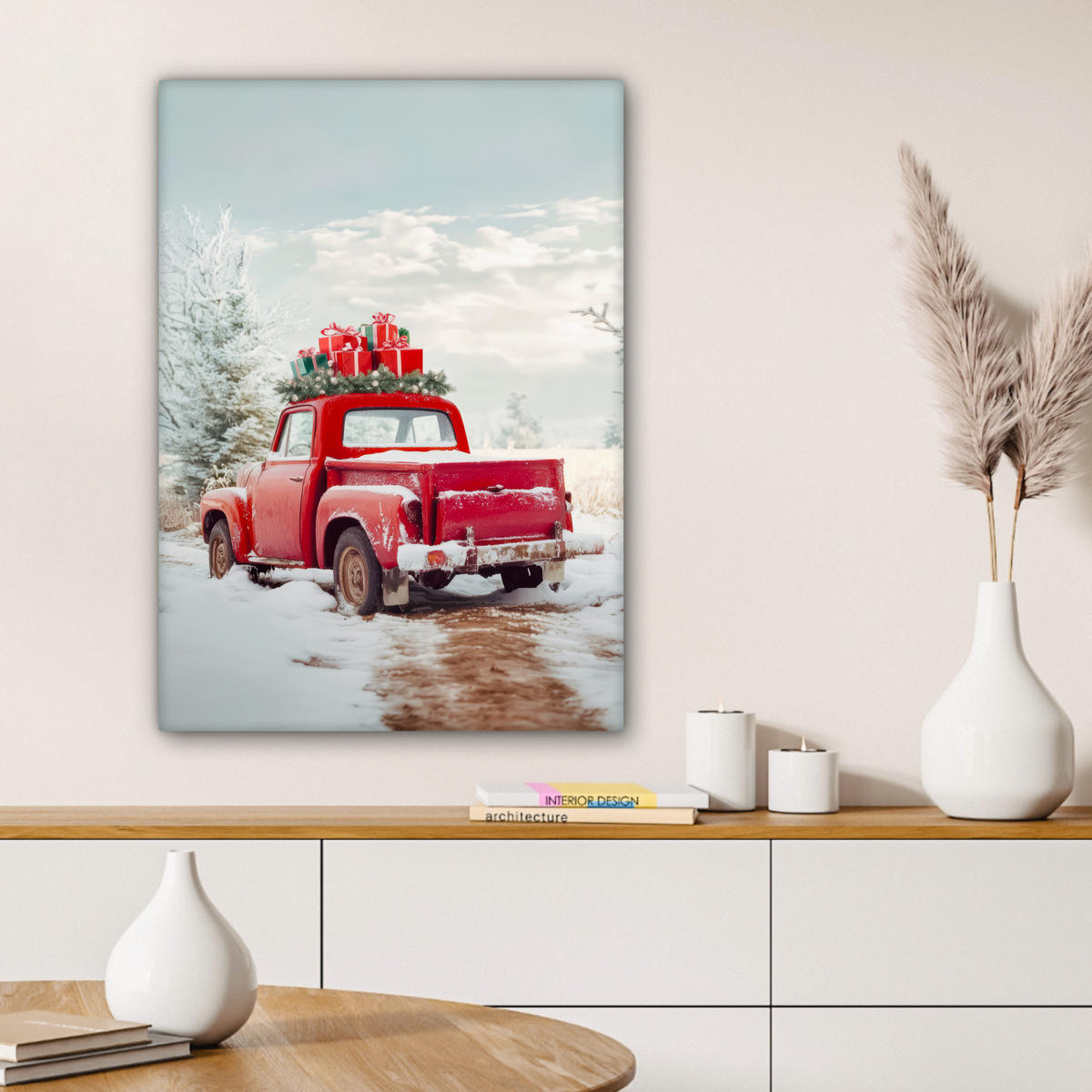 LEINWANDBILD Auto - Rot - Geschenke - Winter - Schnee - Weihnachten 60x80 cm - Rot, Textil (60/80cm) - MuchoWow