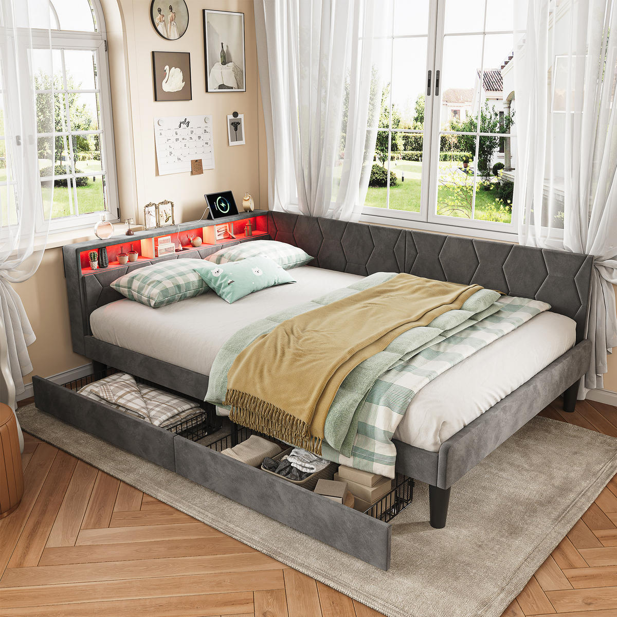 POLSTERBETT 140x200 cm Tagesbett mit 2 Schubladen, LED & USB, Doppelbett mit Kopfteil Stauraum, Grau - Grau, Metall (140/200cm) - EuroLiving