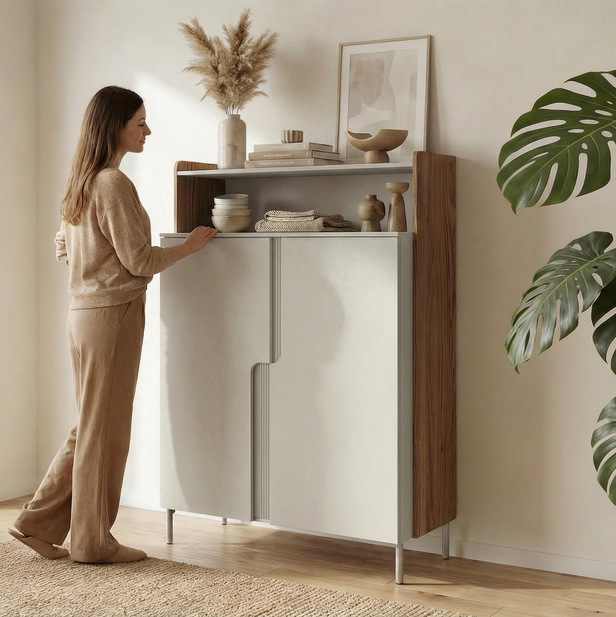 KOMMODE Positivo mit 2 Türen und offenem Regal, 103 cm, Alba-Nuss + Kaschmir - Nussbaumfarben, Holzwerkstoff (103/160/42cm) - Beautysofa