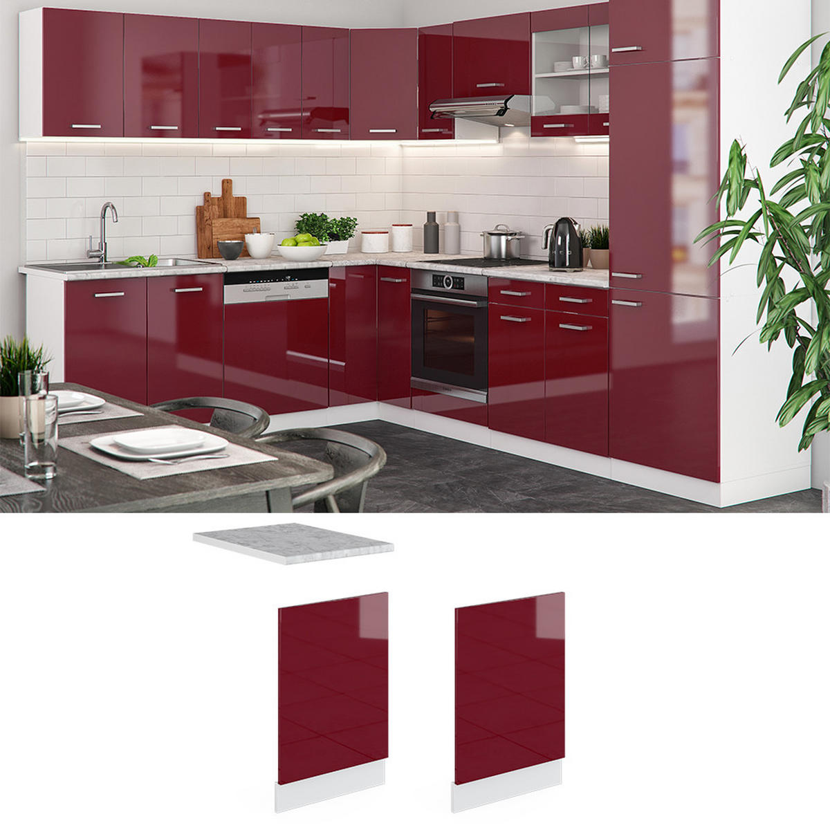 FRONTBLENDE R-Line Rot Hochglanz 45 cm , AP Marmor - Rot/Weiß, Holzwerkstoff (45/57.2/1.6cm) - Vicco