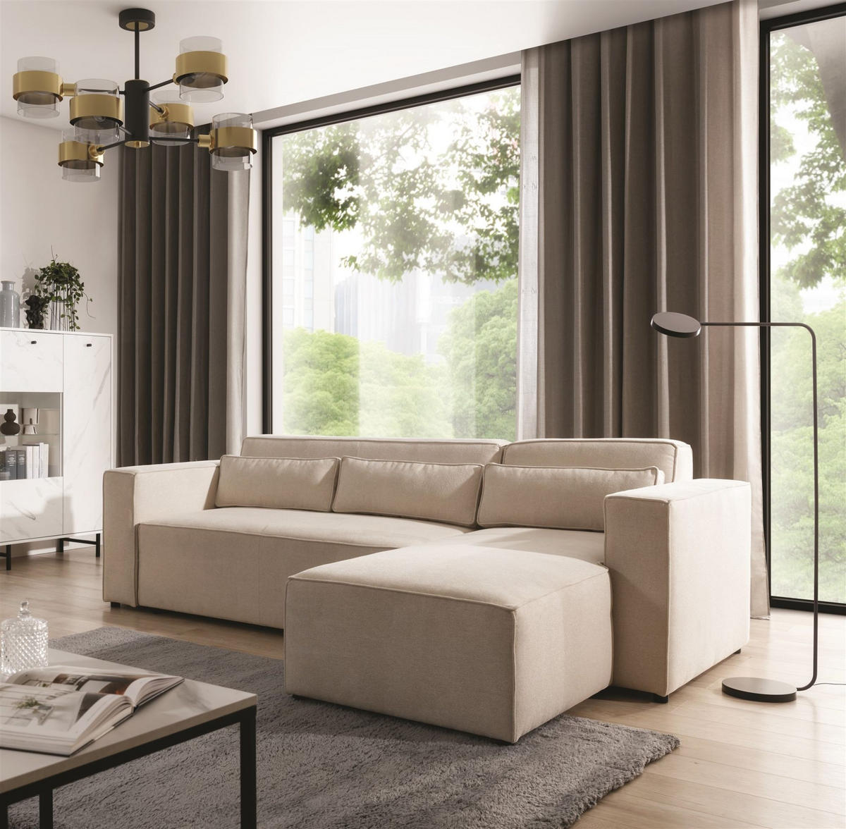 ECKSOFA Schlafsofa Waldo In Stoff Poso - Creme, Holzwerkstoff/Textil (260/173cm) - Fun Möbel