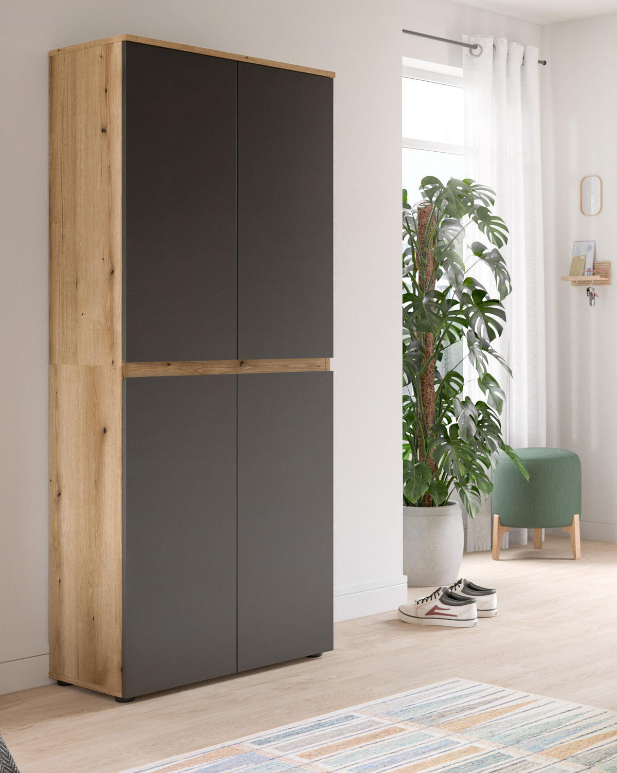 MEHRZWECKSCHRANK grau, Evoke Eiche 70 x 175 cm, Stauraumschrank 4-türig mit 9 Fächern - Eichefarben/Schwarz, Holzwerkstoff/Kunststoff (70/175/37cm) - Inn.Furn