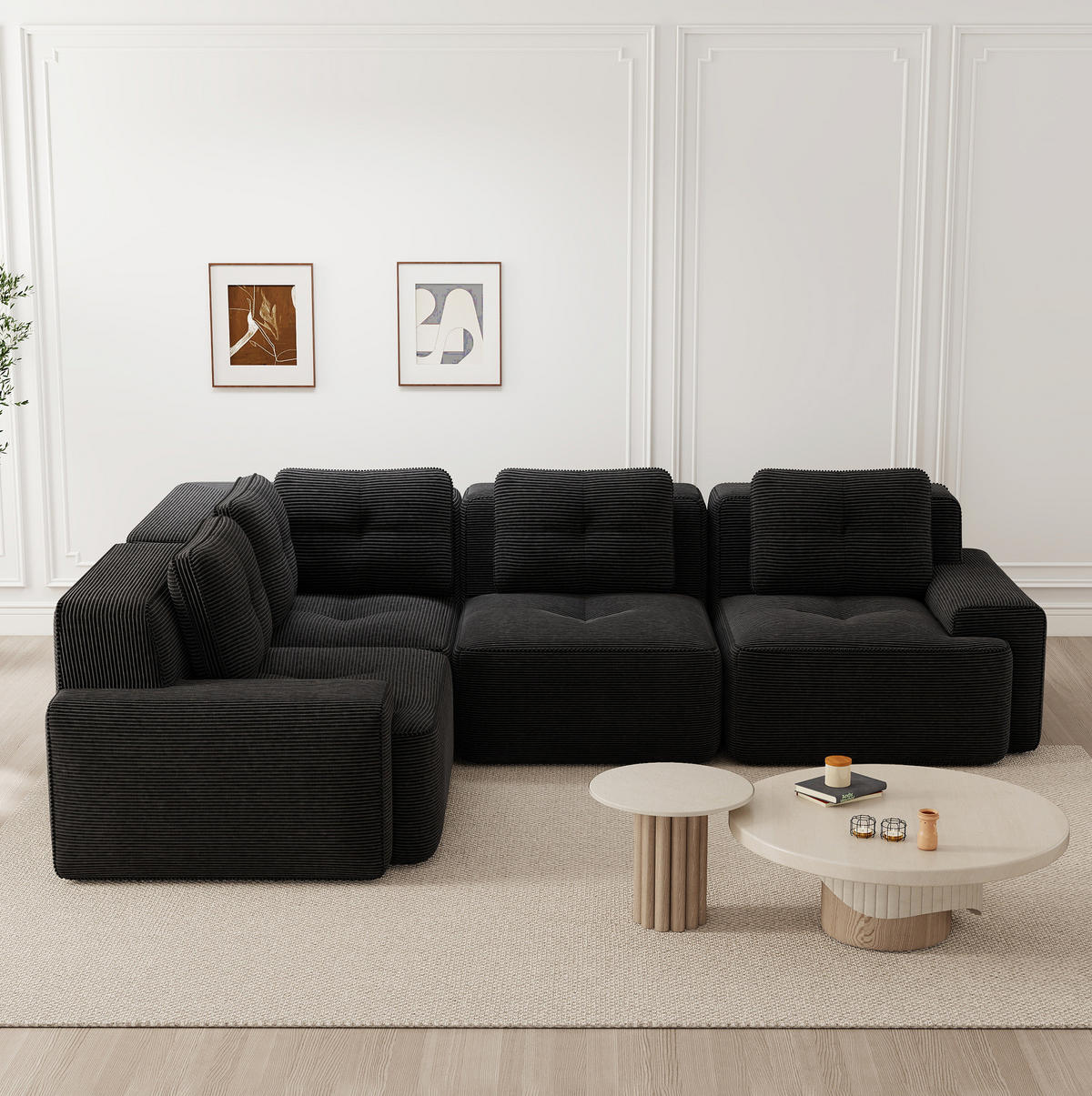 ECKSOFA 295/206/69 cm schwarz aus Cord mit modularem Design und ohne Aufbau - Schwarz, Textil (206/295cm) - OKWISH