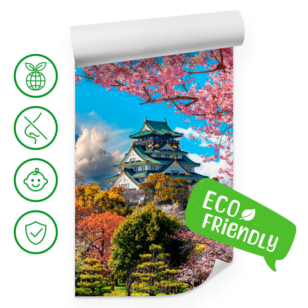 FOTOTAPETE für Wohnzimmer Kirschblüten Osaka Burg Japan Berge Bäume 200x140 - Gelb/Rosa, Papier (200/140cm) - Muralo