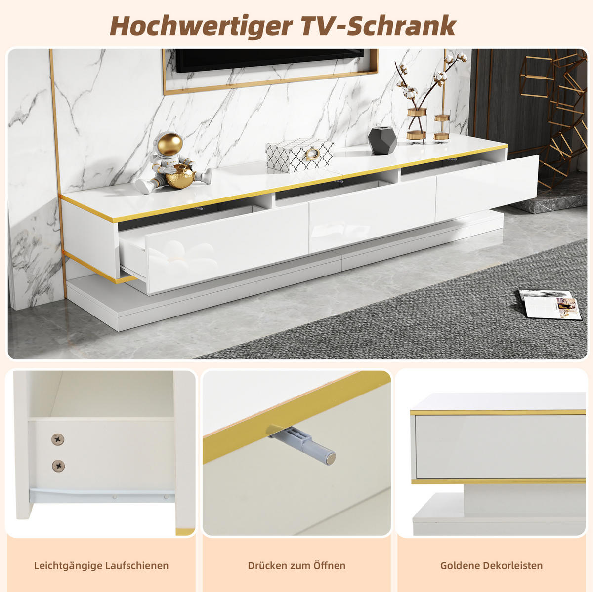 TV-LOWBOARD 200/40/40 cm mit 3 Schubladen, offenen Fächern und Hochglanzfront, Warmweiß mit Goldkante - Weiß, Holzwerkstoff (200/40/40cm) - Redom