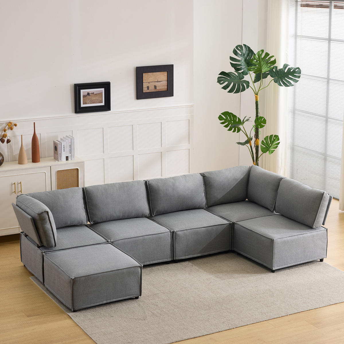 WOHNLANDSCHAFT Leinen Hellgrau mit Schlaffunktion - Hellgrau, Holzwerkstoff/Textil (308/77/152cm) - WISHDOR