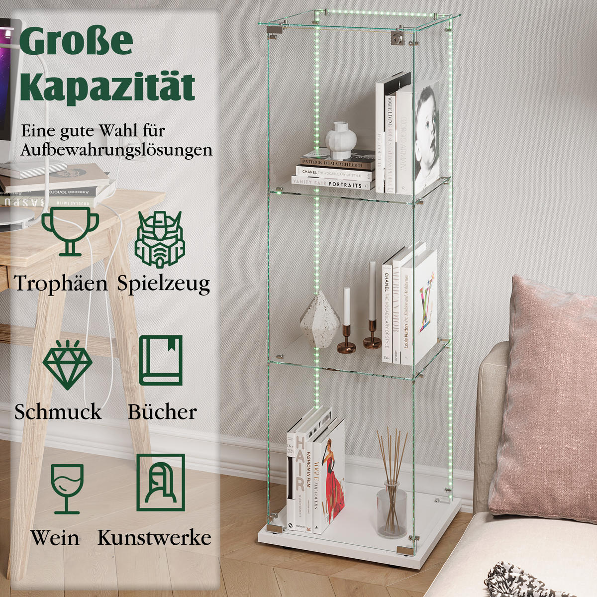 GLASVITRINE Standvitrine Mit LED, Schloss, 3 Regale, Weiß, Für Sammler - Weiß, Holz (35/123.3/39.8cm)