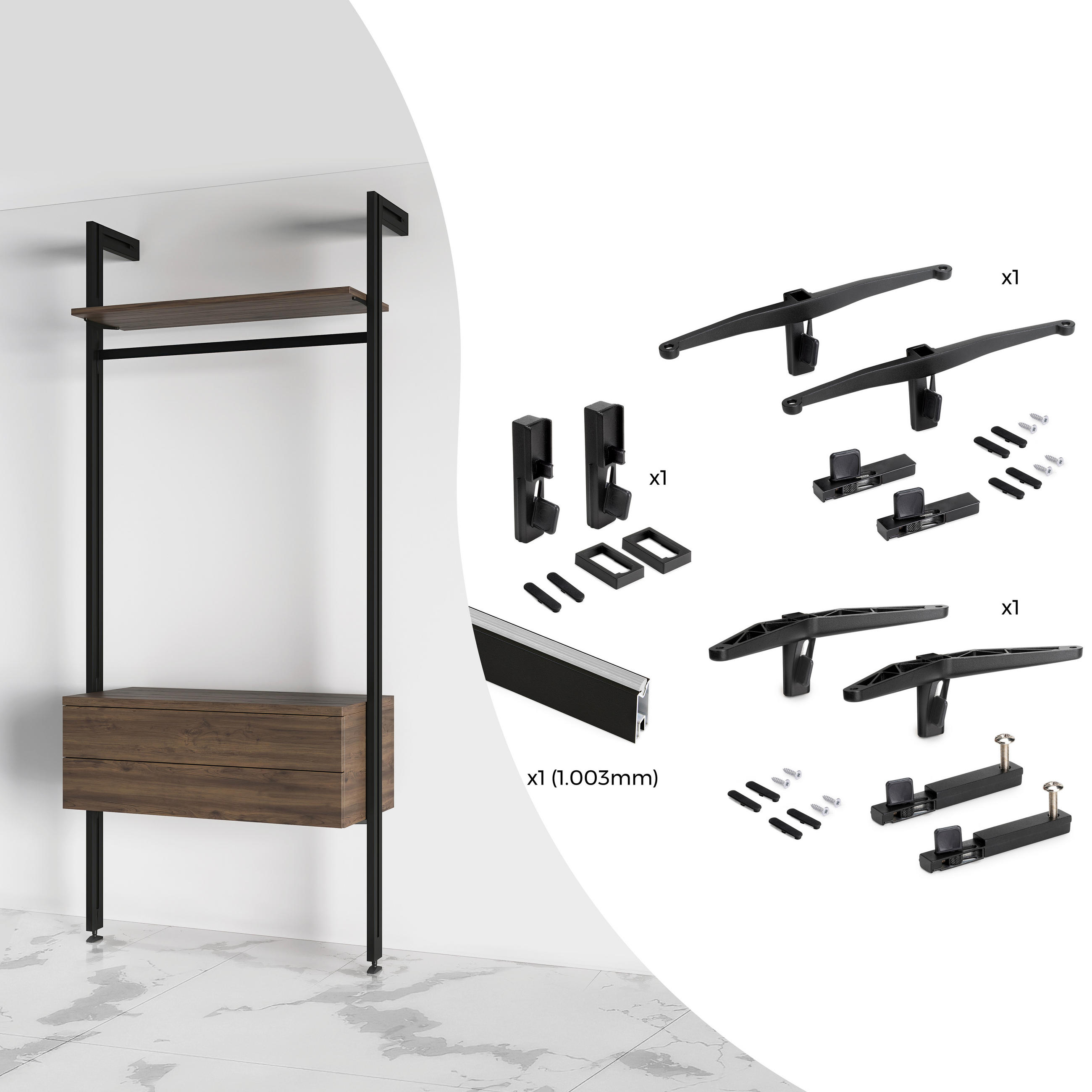 BRACKET SET für 1 Holzregal, 1 Modul und 1 Hängestange, Länge 1m Zero, Zamak, Tiefschwarz lackiert, strukturiert - Schwarz, Metall (4.1/12/20cm) - EMUCA