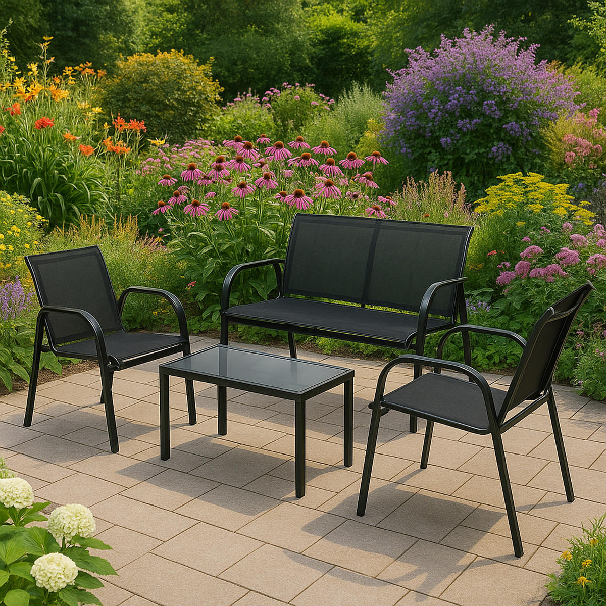 LOUNGE-SET Bath - 4-teilig - Gartenlounge Set Metall schwarz + Textilgewebe - Schwarz, Metall - TPFGarden