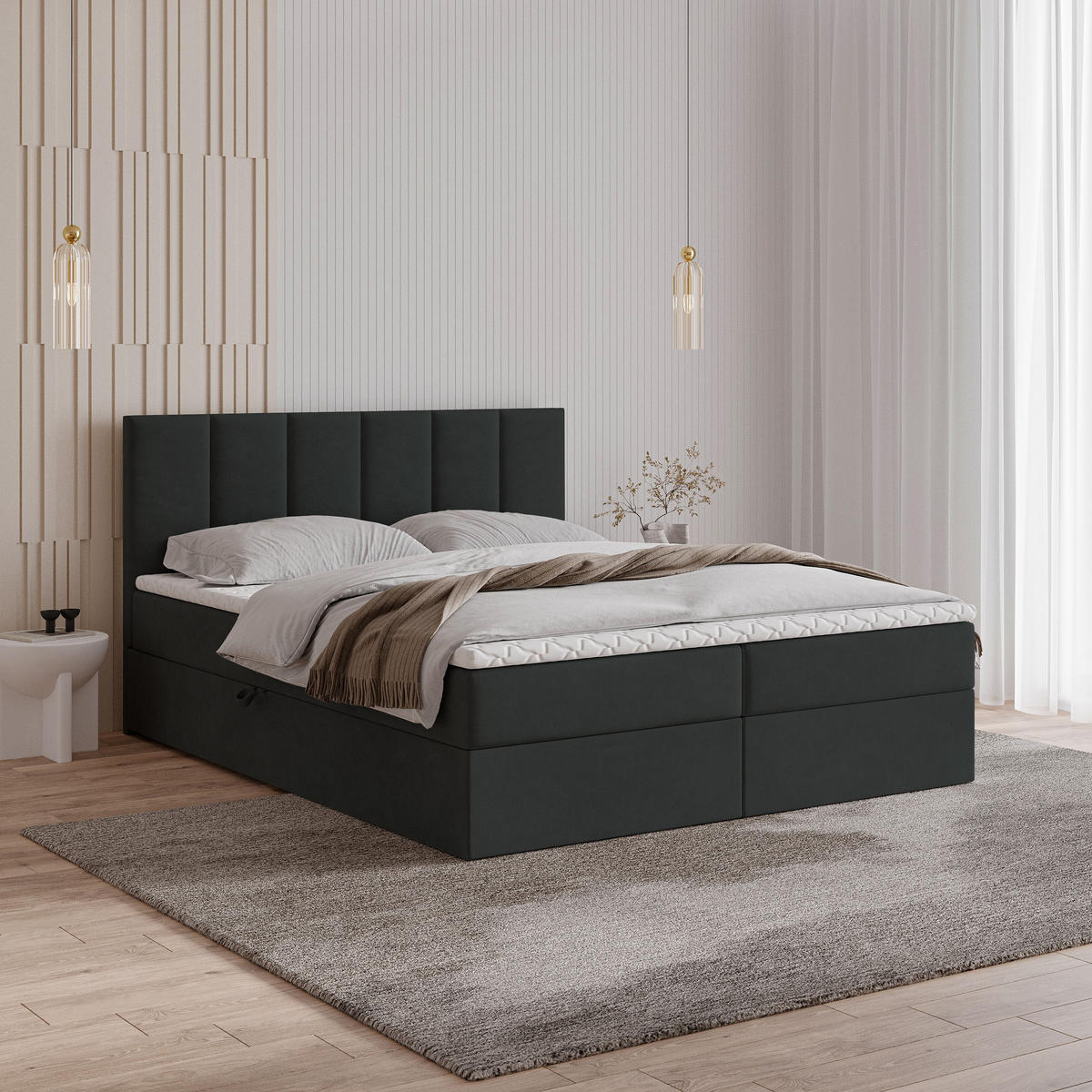 POSTEL BOXSPRING MERIL 160x200 cm, s matrací a úložným prostorem, černá - černá, kompozitní dřevo/textil (160/200cm) - MASSENO