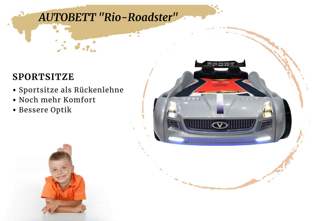 AUTOBETT Roadster Silber Kinderbett LED Sound Sportsitze Lattenrost Spoiler - Silberfarben/Schwarz, Holzwerkstoff/Kunststoff (90/190cm) - Aileenstore