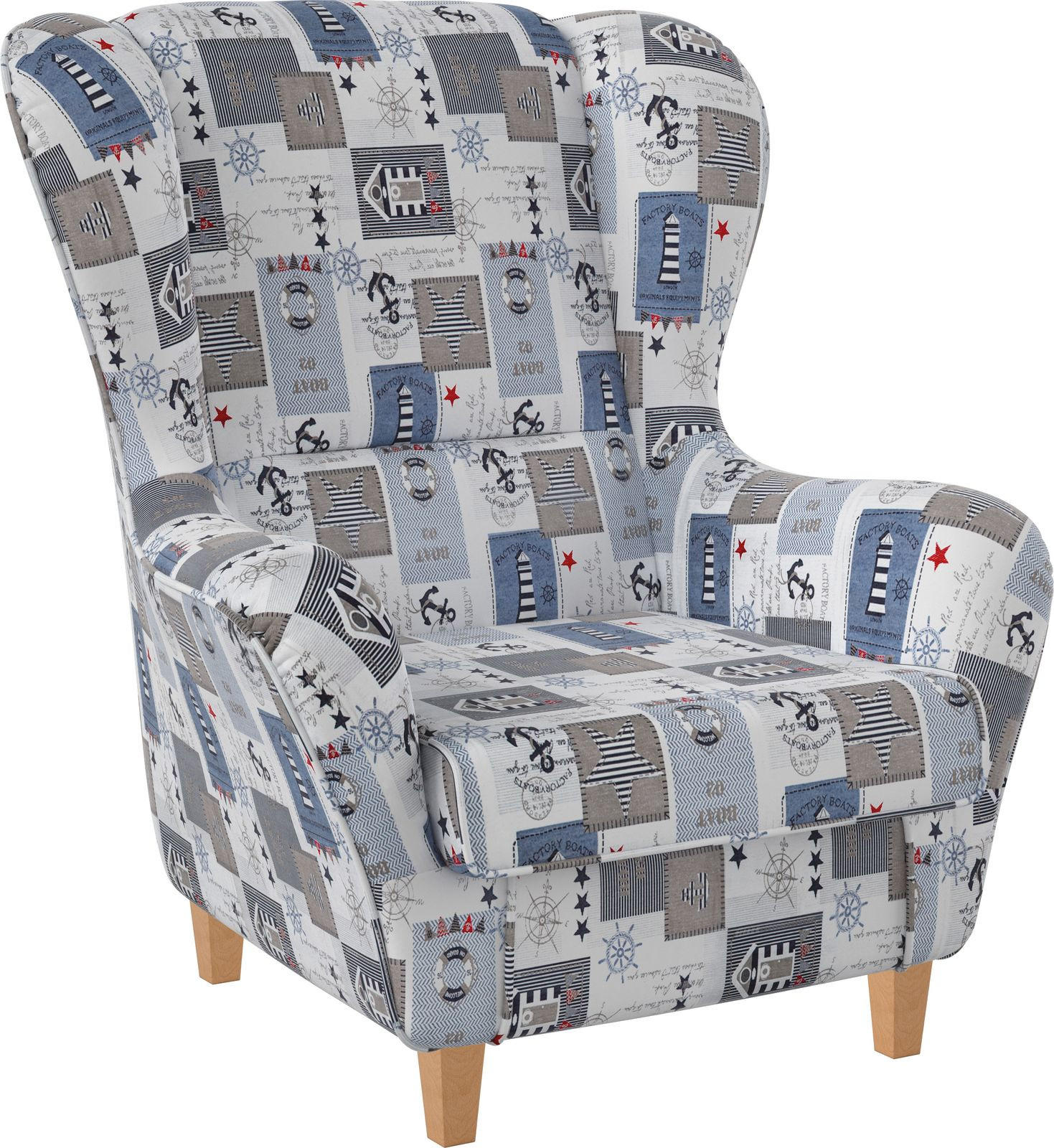 OHRENSESSEL Sofia Relaxsessel mit Hocker | Design Patchwork maritime Motive - Blau/Blaugrau, Textil (92/68/95cm) - Supellex
