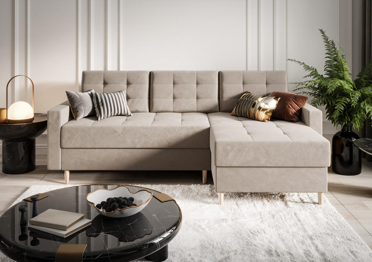 ECKSOFA BARI RN01, Eckcouch in L-Form mit Schlaffunktion, Farbe: Beige, Velourstoff, Ottomane Rechts - Beige, Textil (224/144cm) - O-Sofa