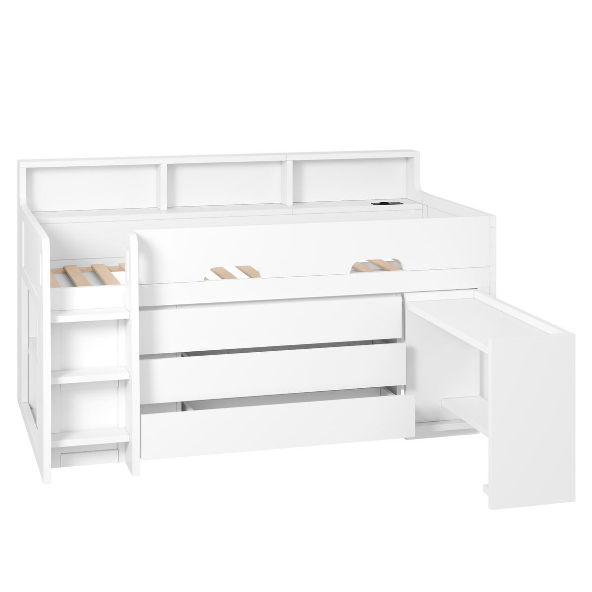 HOCHBETT 90/200 cm, Weiß mit 3 Schubladen, Schreibtisch und LED-Licht - Weiß, Holzwerkstoff (90/200cm) - MIVRAY