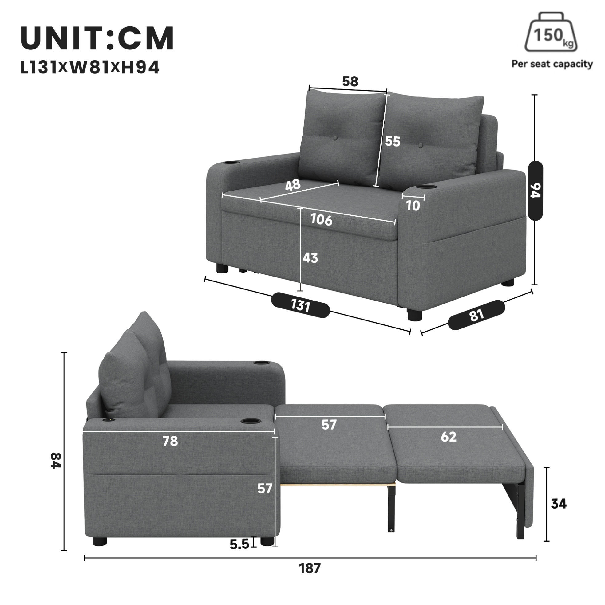 Meubliv Schlafsofa Grau 81x94x131 cm