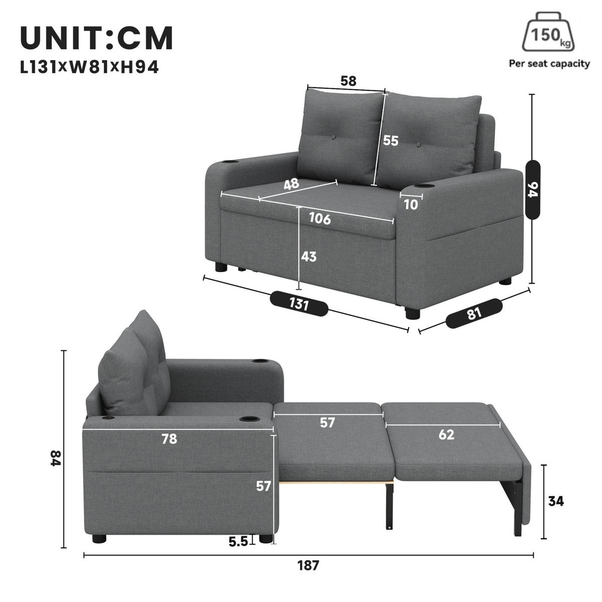 SCHLAFSOFA 3-in-1 131 x 81 x 94 cm Grey mit USB-Anschluss - Grau, Metall (81/94/131cm) - Meubliv