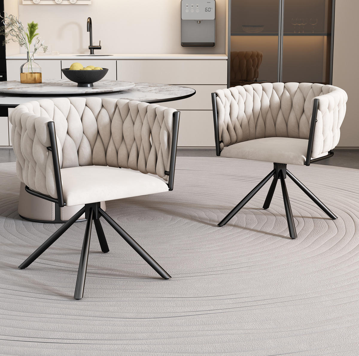ESSSTUHL 51x61x71 cm in Beige, Samt, 360° drehbar, Vierfuß-Stahlgestell, modern minimalistisch - Beige, Textil (61/71/51cm) - Modfu